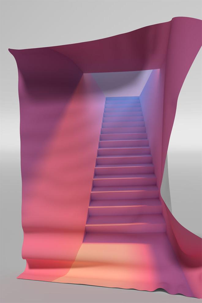 Image from a Thesis Exhibition by a 2023 MFA graduate Tomáš Penc featuring a 3D computer render from his installation titled A Hundred Step Pilgrimage.