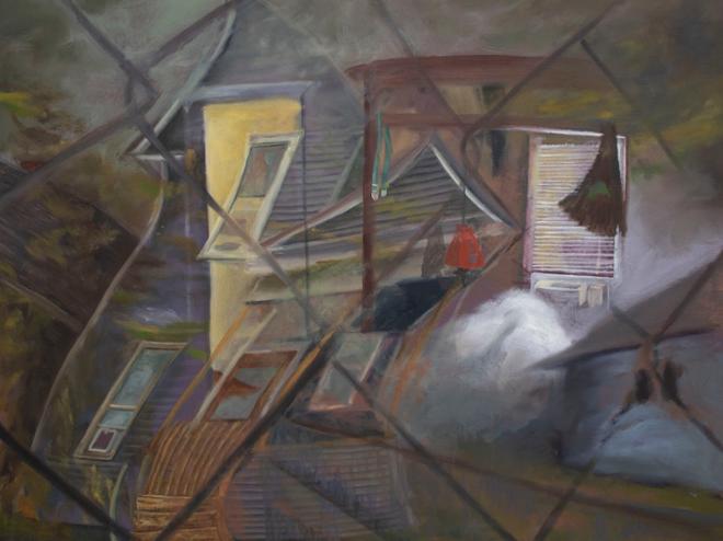 Painting featuring an abstracted house and fence. 