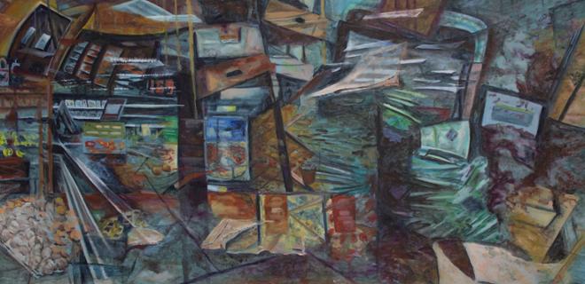 Abstract painting of a fragmented grocery store.  
