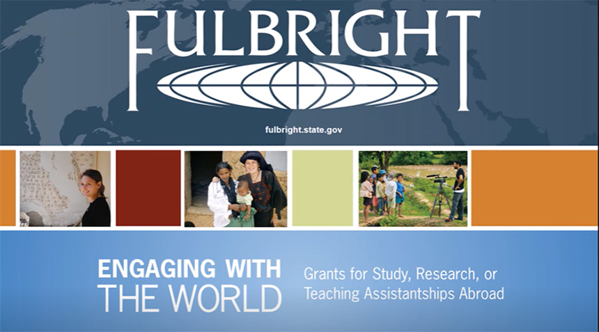 fullbright logo with images of student studying, researching abroad