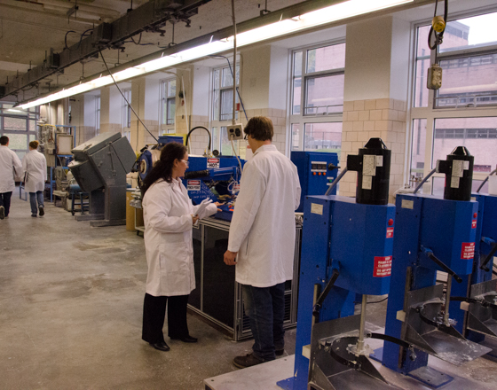 Four students in a materials science lab in McMahon Engineering Building