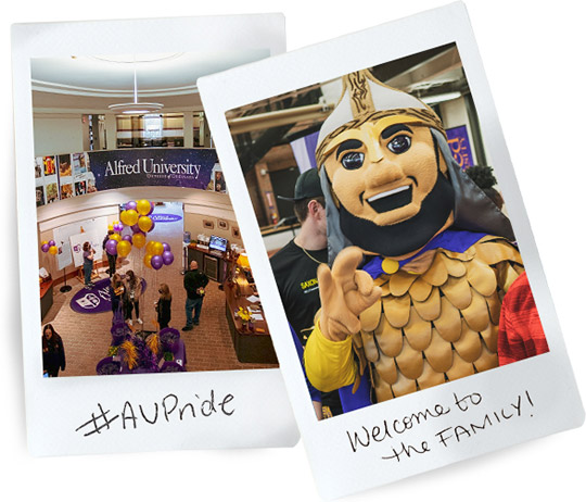 Accepted student day with text, #AUPride; Alfred mascot with text, Welcome to the Family!