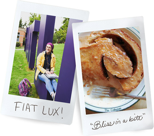 Student sitting in large letters that spell Fiat Luz; cinnamon toast from The Collegiate