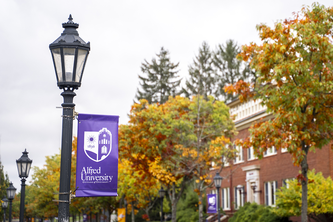 A photo of a light pole with an Alfred University banner on it