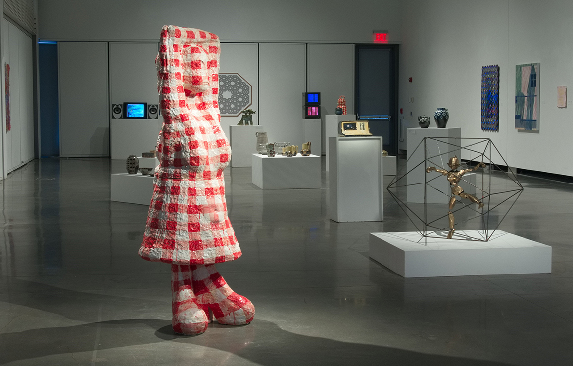 A photo of a piece of artwork in a gallery at Alfred University