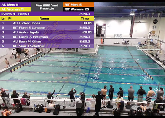 An image of a live stream from a recent swimming and diving meet hosted by Alfred University