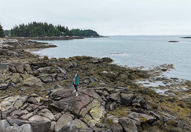 A photo of a woman standing on the coastline of Maine