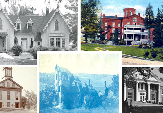 A photo collage of historical photos of Alfred University buildings