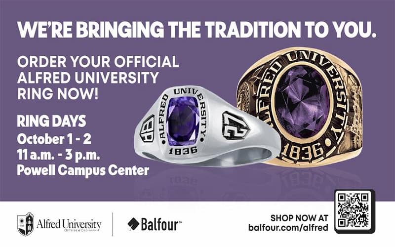 Alt text: "Promotional image for Alfred University rings against a purple background. Features two rings with purple gems and university insignia. Text details ring order info: October 1-2, 11 a.m. - 3 p.m. at Powell Campus Center. Includes Alfred University and Balfour logos, and a QR code for more info."