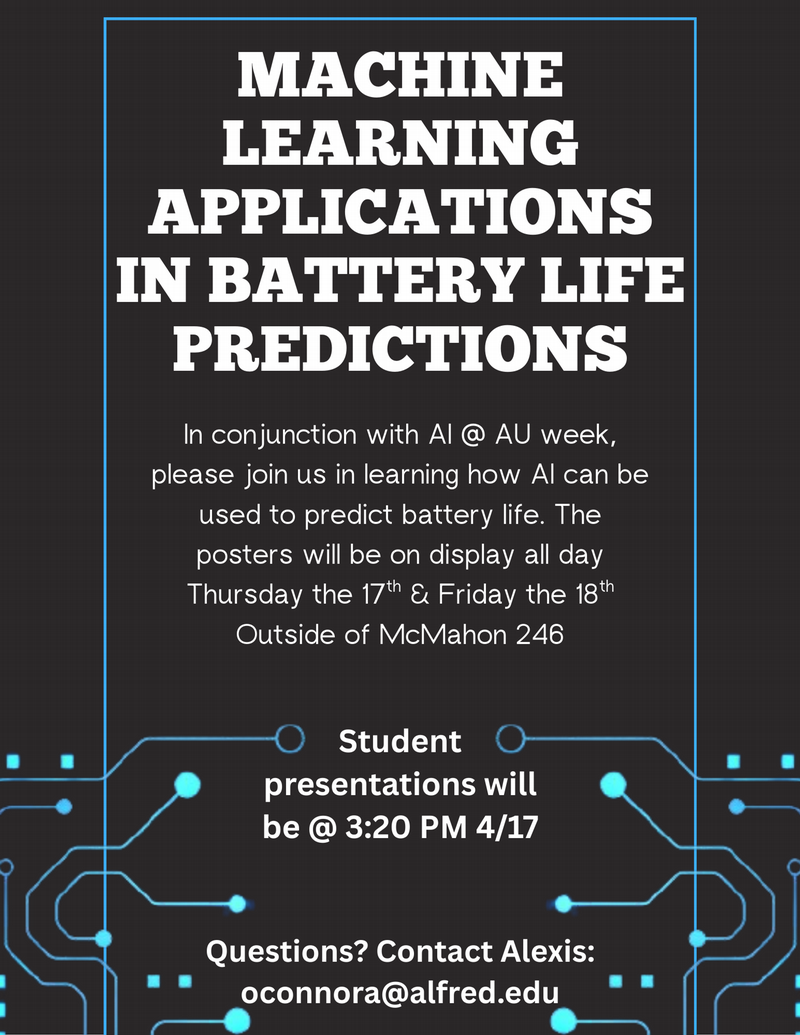 Machine Learning Applications in Battery Life Predictions: In conjunction with AI @ AU week, please join us in learning how AI can be used to predict battery life. The posters will be on display all day Thursday the 17th & Friday the 18th, outside of McMahon 246. Student presentations will be @ 3:20 PM 4/17 Questions? Contact Alexis: oconnora@alfred.edu