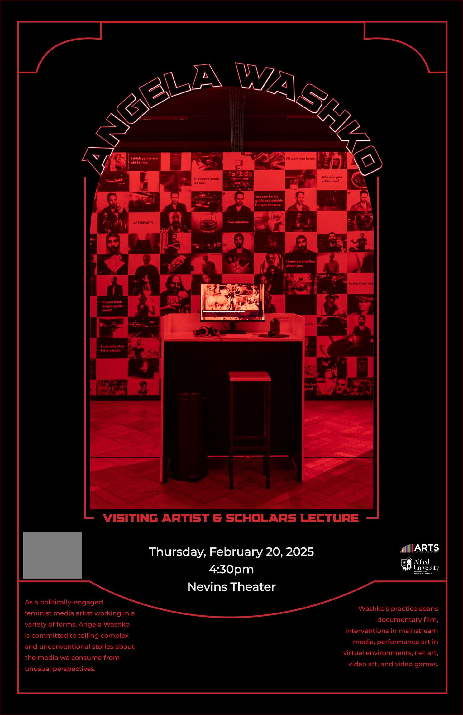 pictures and text in the background and a desk with a computer and headphones in the foreground in red light and event text