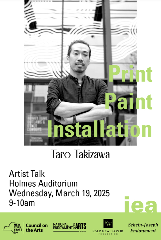 A man stands, arms crossed in front of complex installation of cut vinyl on windows.