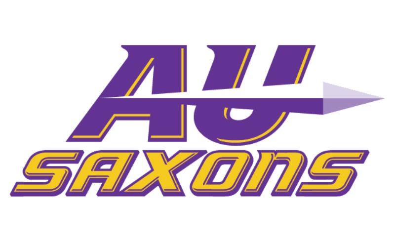 A bold logo reads "AU Saxons" in purple and gold lettering. A spear design intersects the "AU," against a black background, conveying strength.
