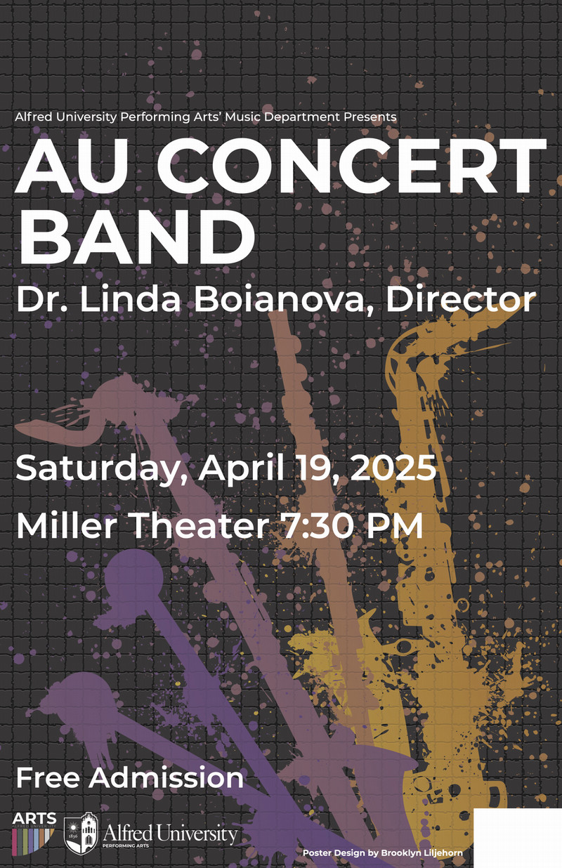 band poster with colorful splash art of instruments in the background