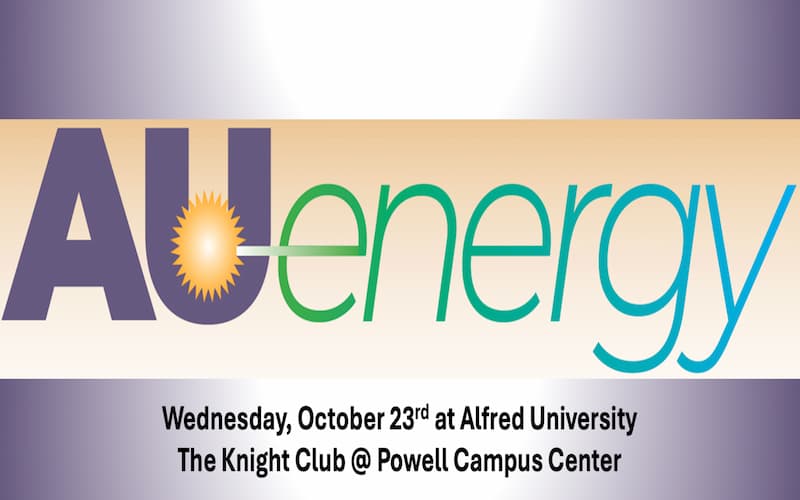 Text "AU energy" with sunburst in middle, set against a gradient background. Event details: October 23rd, Alfred University, Knight Club, Powell Campus Center.