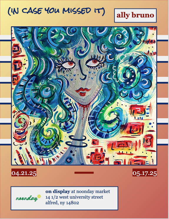 A picture of a painting surrounded by information for art on display at Alfred corner store.