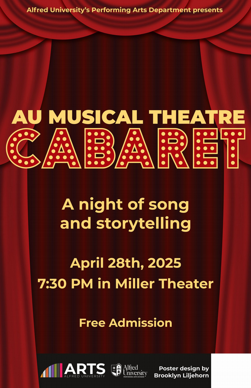 AU Musical Theatre Cabaret Poster with red performance curtains in background