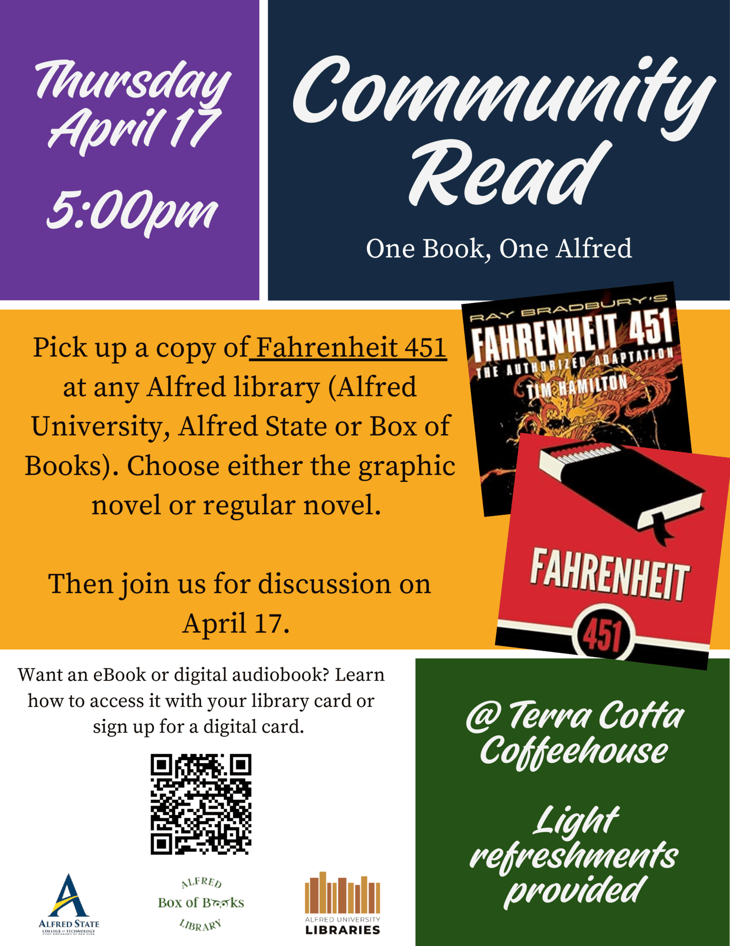 Cover images of Ray Bradbury's novel Fahrenheit 451 and the graphic novel adaptation. The cover art features matches and flames.