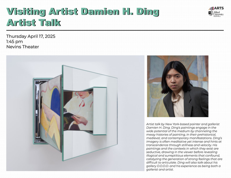 visiting artist Damien H. Ding Artist Talk Poster with portrait, his artwork, and a description