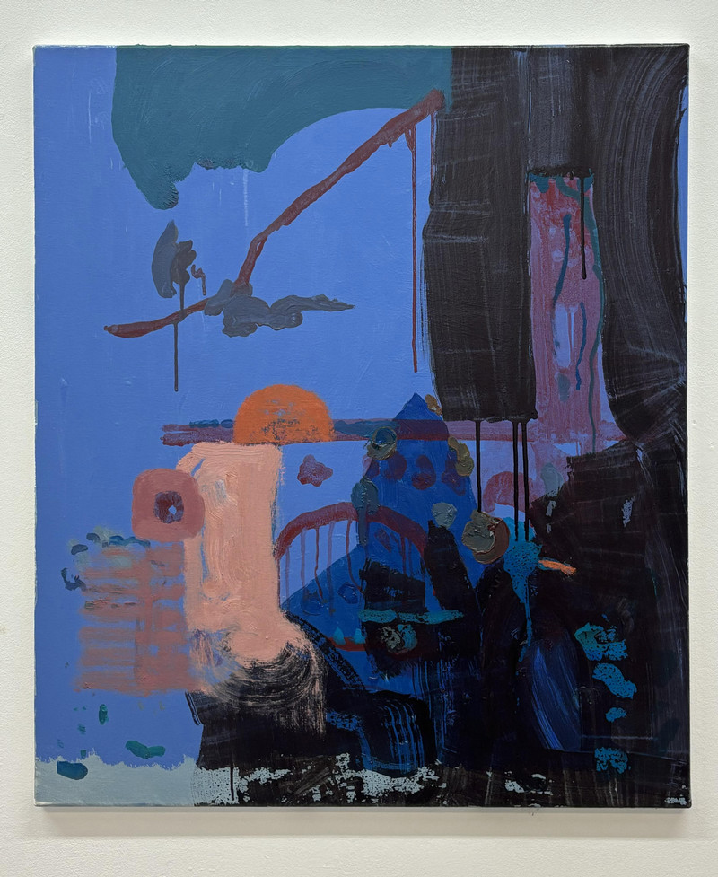 blue painting with a pointed hooded figure partially covered by abstract forms and lines, marks in orange, green, red floating in the space.