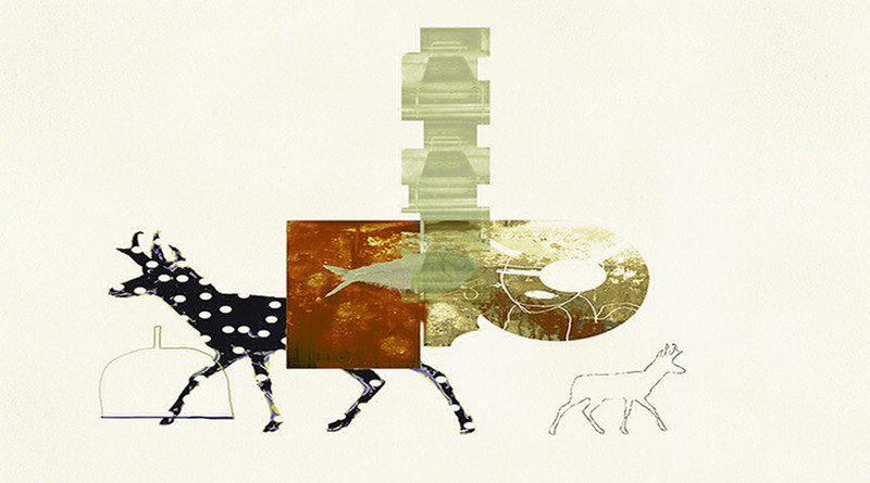 Abstract collage featuring stylized deer figures, geometric shapes, and textured overlays. A black deer with white spots and a translucent fish overlay is central, intersected by square and rectangular shapes in green and gold. Line-drawn deer and abstract outlines add layered depth against a light background. The composition blends organic and digital elements for a modern, artistic effect.