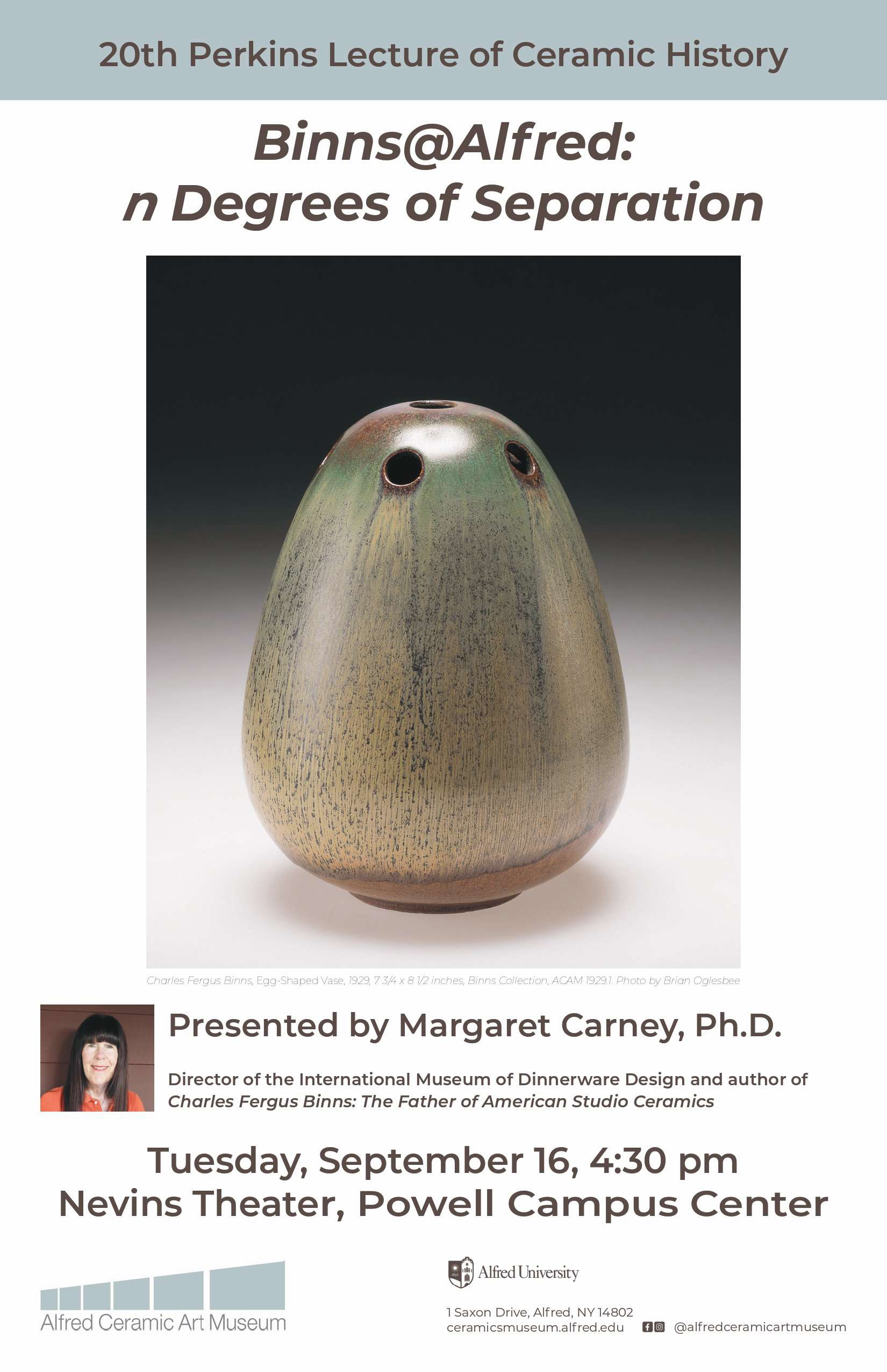 Poster for the 20th Perkins Lecture on Ceramic History featuring a ceramic vase with green and brown hues. Presented by Margaret Carney, Ph.D., on Sept 16, 4:30 pm, at Nevins Theater, Alfred University.