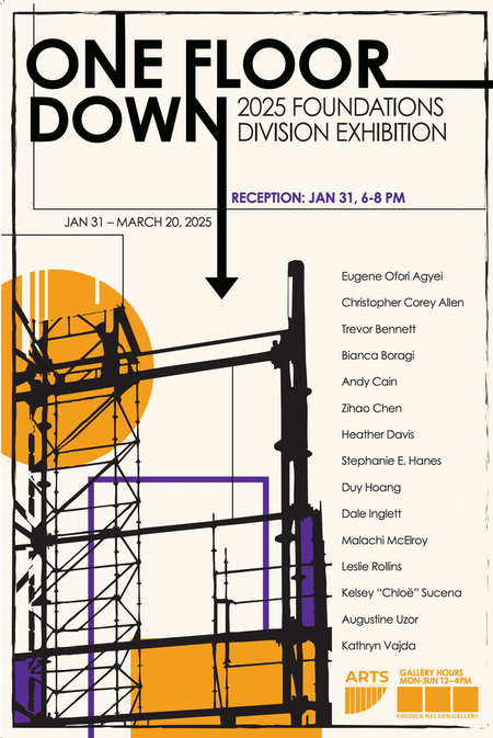 white poster with black, yellow, and purple scaffolding silhouette and event text