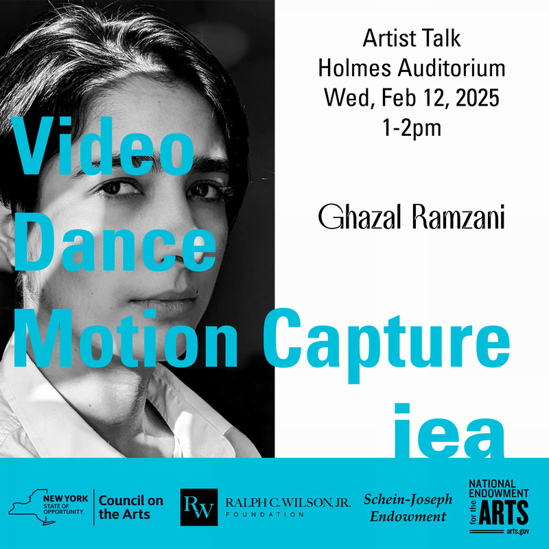 Poster with a black and white photo of Ghazal Ramzani. The text on the poster is blue and black. The black text reads " Artist Talk at Holmes Auditorium on Wed, Feb 12, 2025 from 1 to 2 pm. The title on the poster in blue letters reads " Video Dance Motion Capture iea".