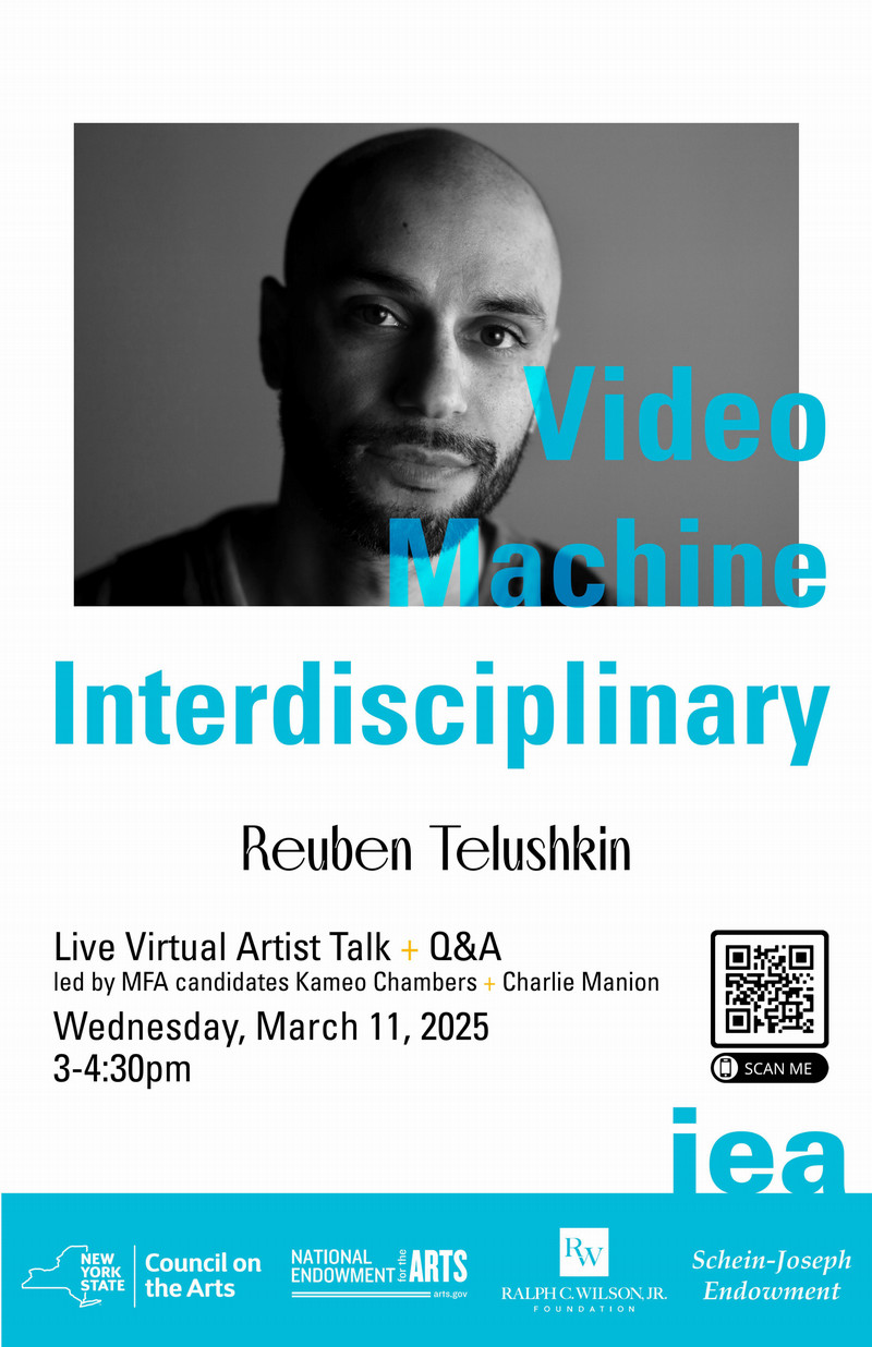 Headshot of artist with information about event including QR code and blue IEA logo