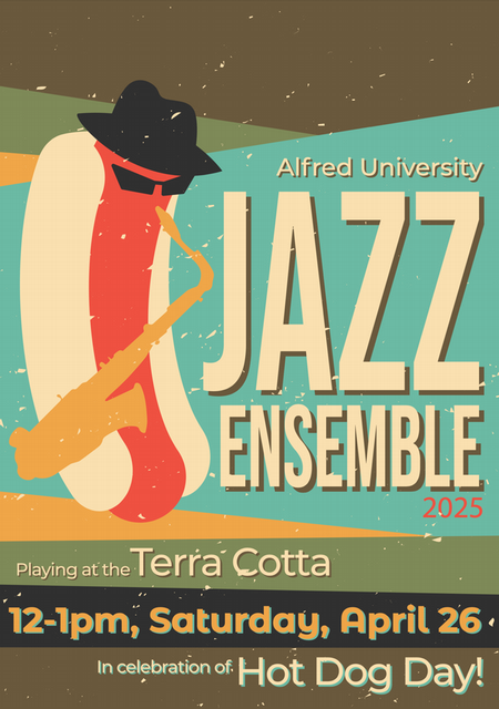 decorative poster with event text and a hot dog playing a saxophone