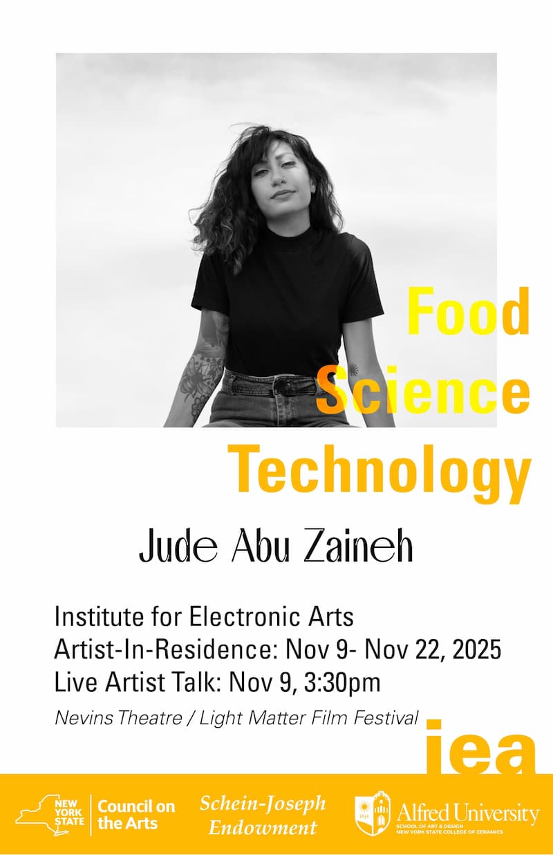 Black and white portrait of a person in a t-shirt, with text announcing an artist residency for Jude Abu Zaineh at the Institute for Electronic Arts. Bold yellow words "Food Science Technology" overlay the image. Event dates and details are listed below. Logos of supporting organizations are at the bottom.