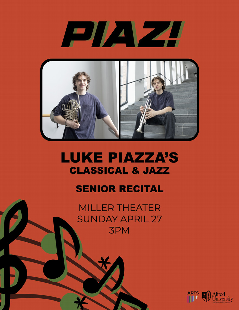 orange poster with music notes Luke Piazza's senior recital poster