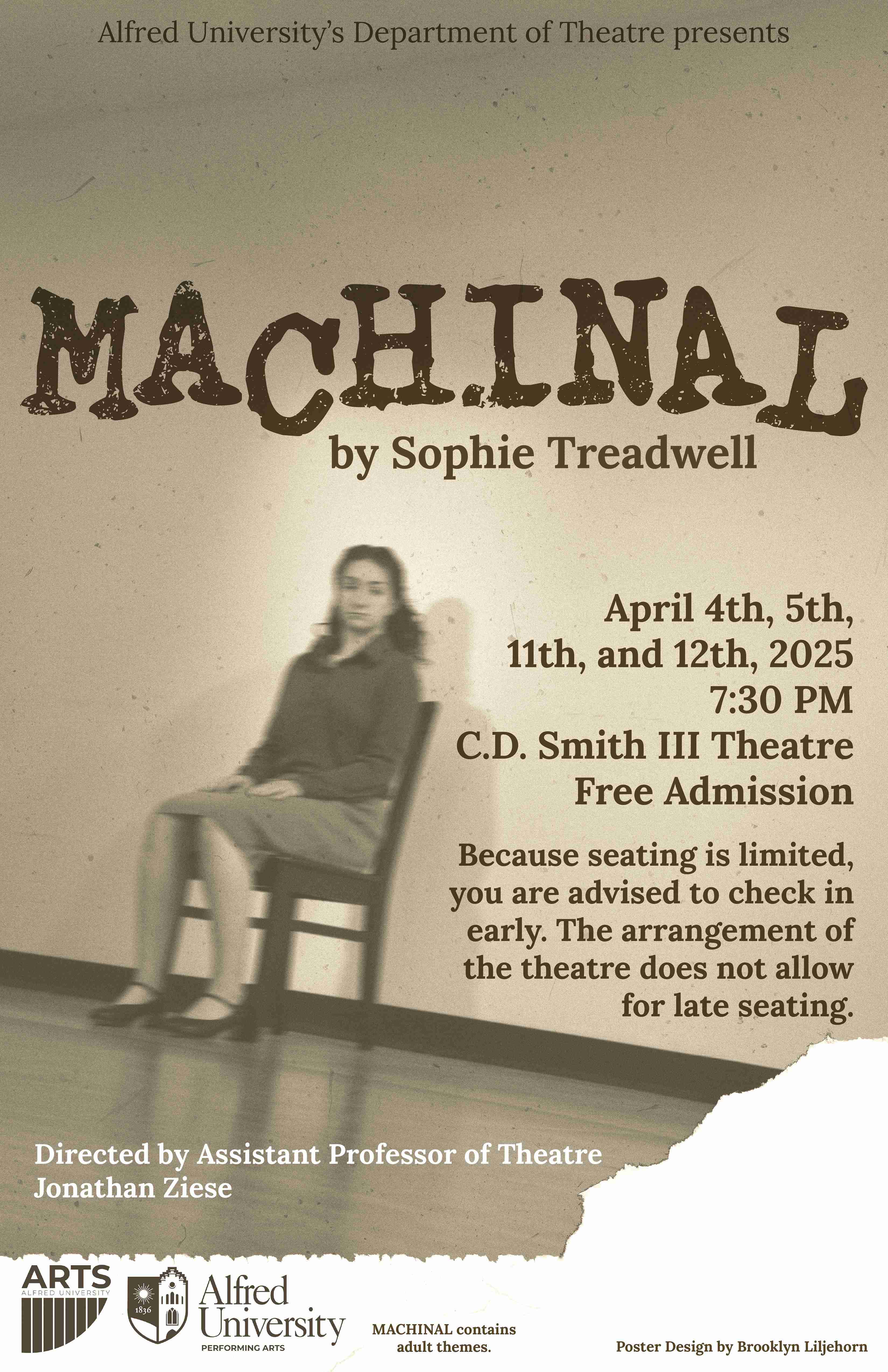 a blurry photo of a woman sitting in a chair as the background with event text