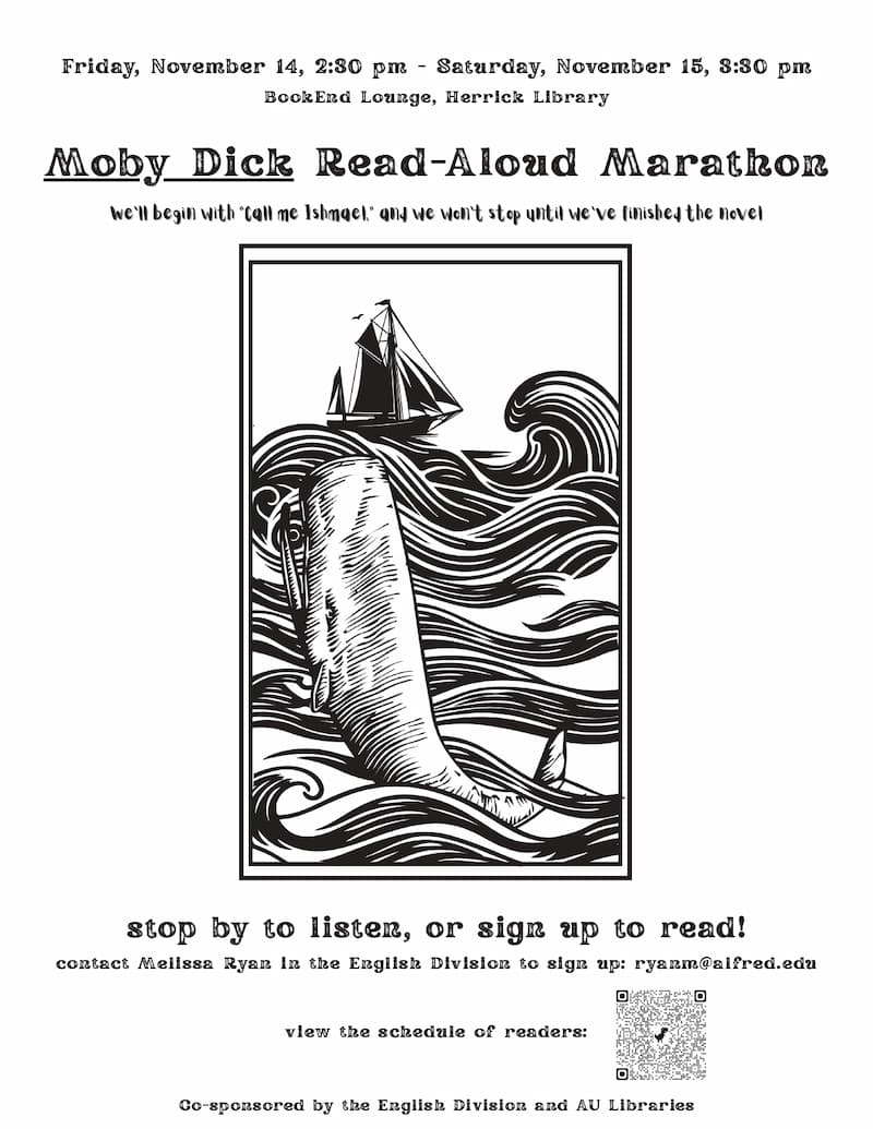 Black and white poster for a "Moby Dick Read-Aloud Marathon" at Herrick Library. Features a whale and ship graphic with swirling waves, evoking an adventurous tone.
