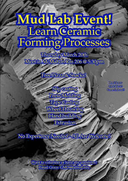 black and white image of microscopic clay particles background with blue and yellow text