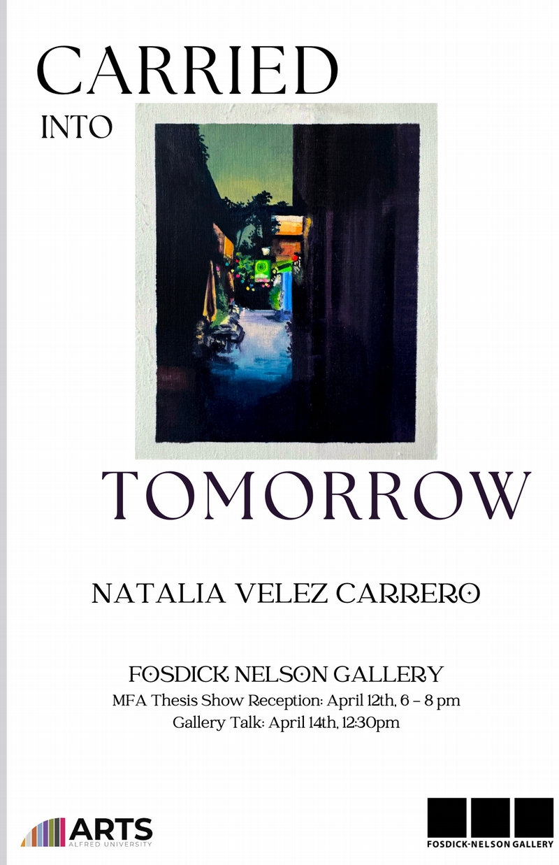 A small oil painting on paper depicting a darkened alleyway, illuminated by colorful lights and signs is centered in the middle of the poster surrounded by text advertising the MFA Thesis show.
