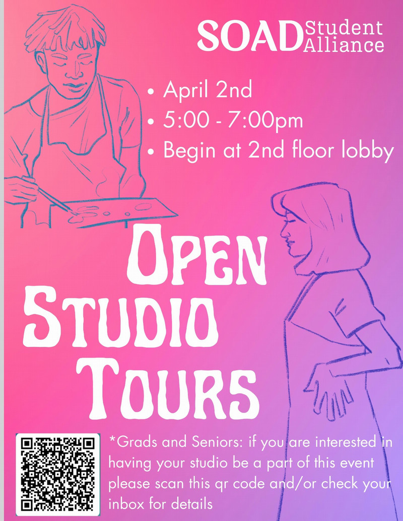 Brightly colored poster. Includes two line drawings of artists.