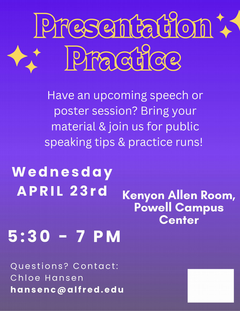 presentation practice event poster with purple background and yellow sparkles