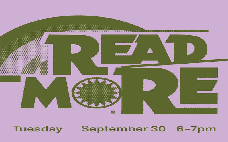 Bold green text "READ MORE" on a purple background with geometric designs. The event date is Tuesday, September 30, 6–7 pm, conveying a literary theme.