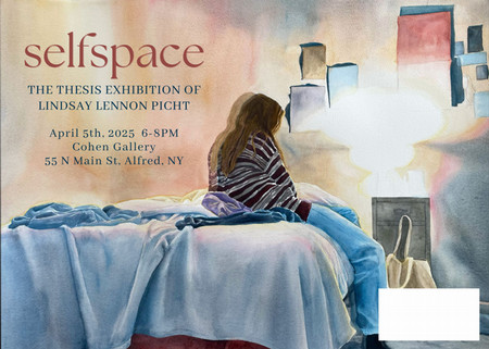 painting of woman seated on a bed, back to viewer and event text 