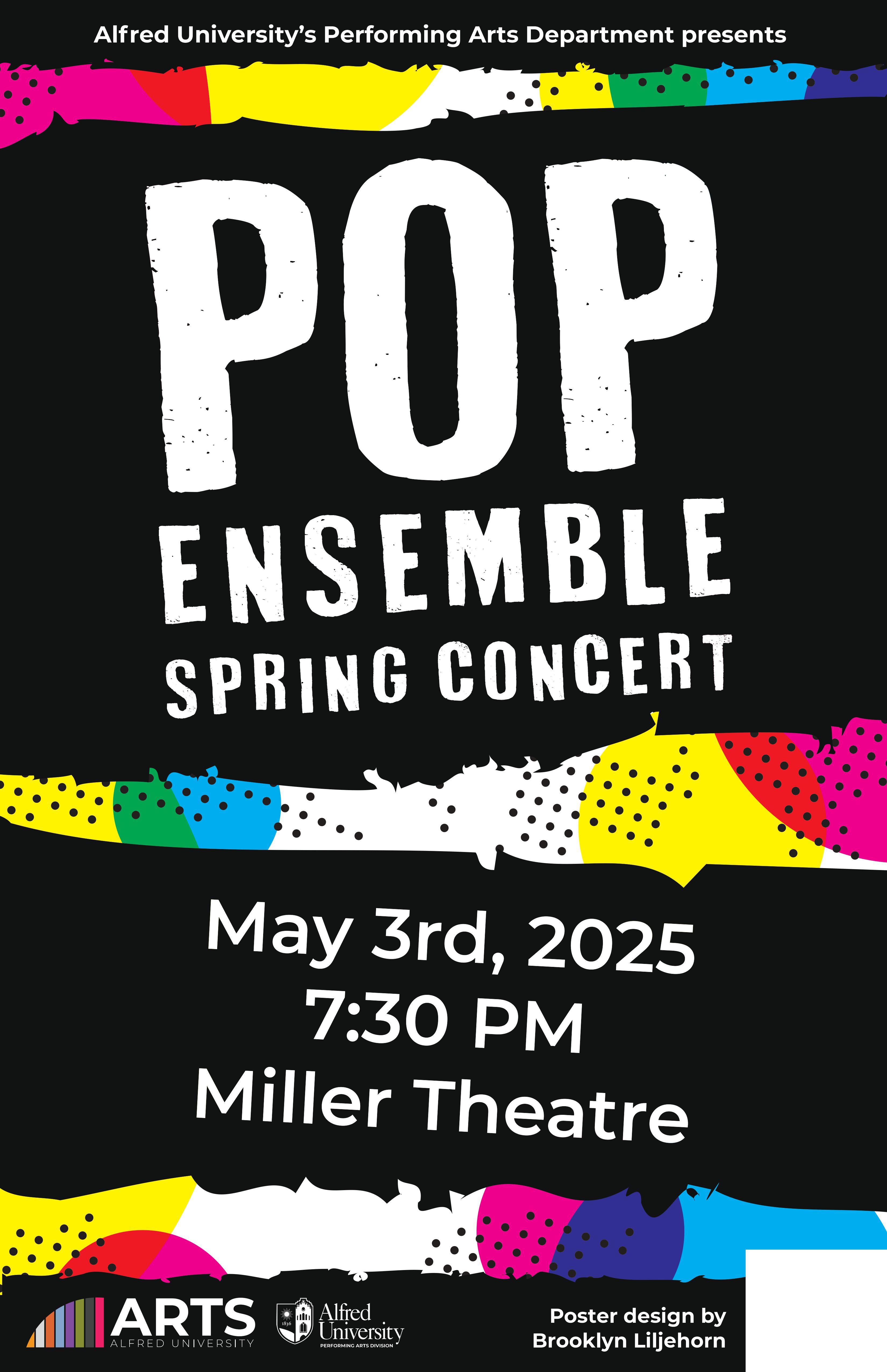 Event text in white on a black background with strips of geometric rainbow shapes being torn from the black background