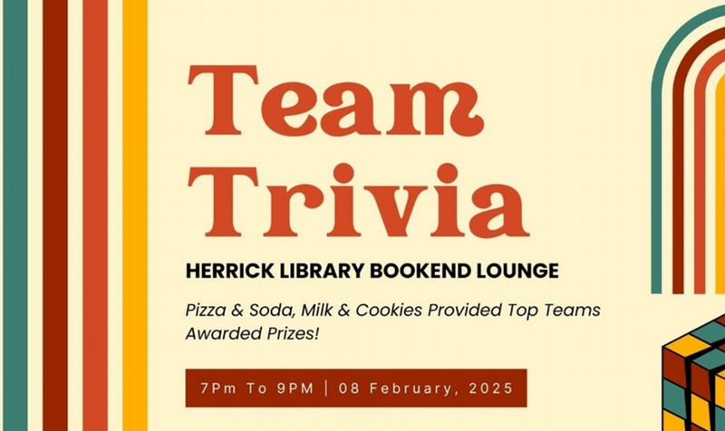 Words "TEam Trivia" Surrounded by blue, red, orange and yellow lines and a rubrics cube.