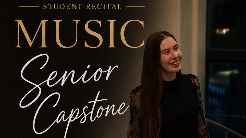photo of Alina wearing black dress and standing at stairway railing and smiling. text in white and gold stating the title of the event and the date and time