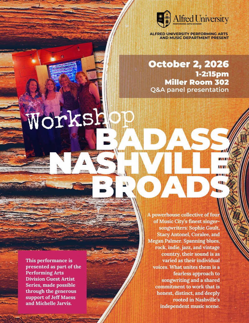 orange and red colors with backdrop of guitar and wood grain, image of the four singer-songwriters together, text with title and description of event