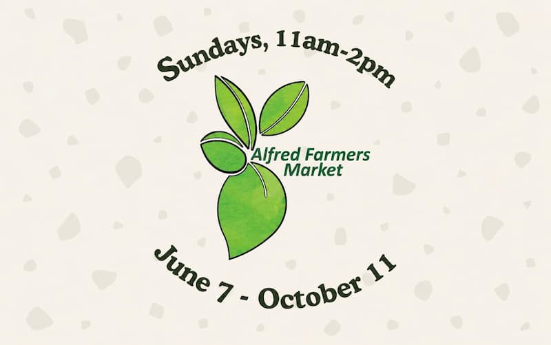 Alfred Farmers Market logo with text reading Sundays, 11am–2pm, June 7 – October 11.