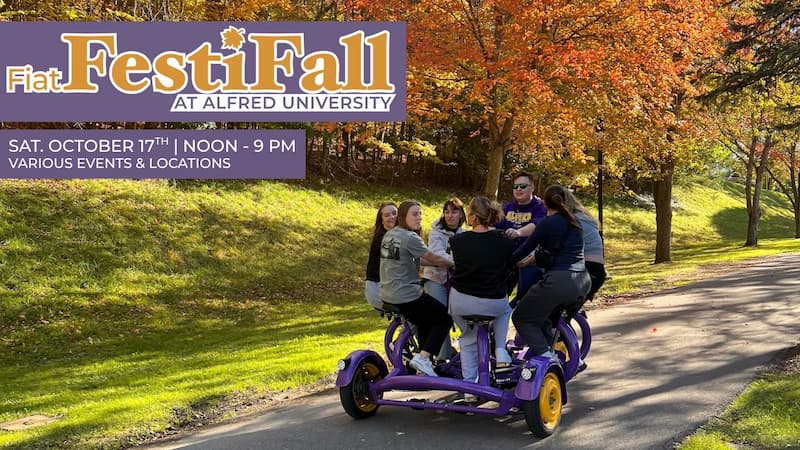Group of people pedaling a circular multi-seater bike on a tree-lined path with autumn foliage. Text: "Fiat FestiFall at Alfred University, Oct 17th, Noon-9 PM."
