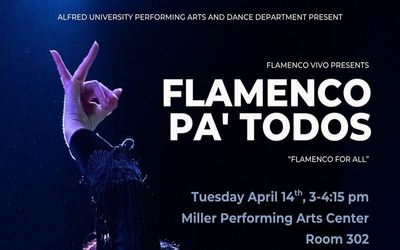 Dark blue poster with event information and photograph of flamenco dancer striking a pose with eyes closed and highlighted by the light on stage