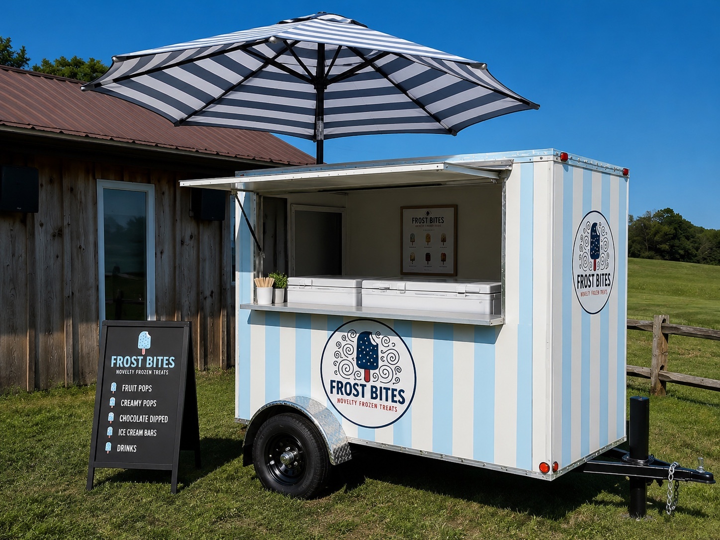 The Frost Bites Novelty Frozen Treats trailer parked outdoors, featuring fruit pops, creamy pops, chocolate dipped bars, ice cream bars, and drinks.