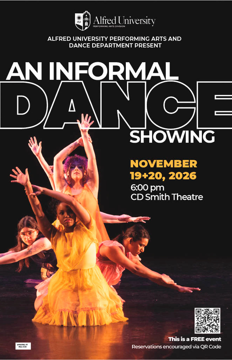 black backdrop with image of dancers highlighted in golden-peachy lighting posting on stage with text