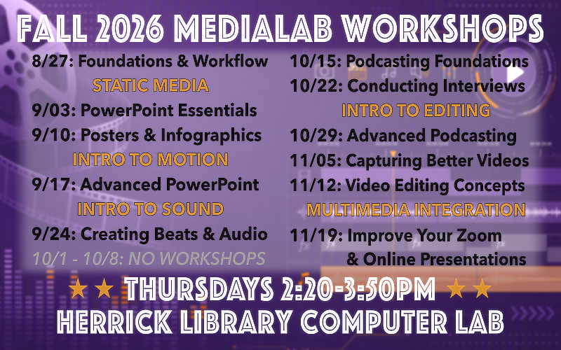 a poster with short titles and dates of MediaLab workshops 